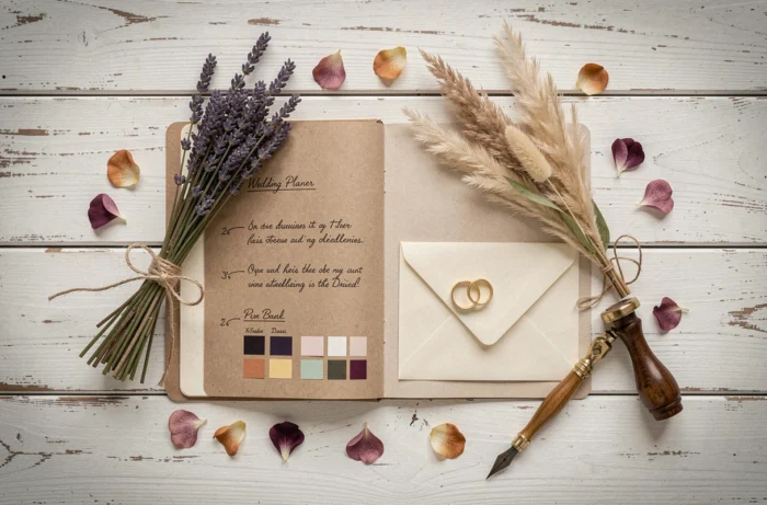 Mise en scène vue du dessus des accessoires essentiels pour planifier un mariage : carnet, alliances, fleurs séchées et stylo calligraphie
