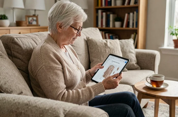 Femme âgée consultant le site Damart sur une tablette depuis son salon pour passer une commande de vêtements