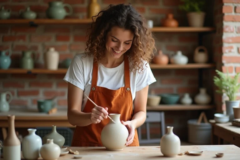 Femme peignant un vase en céramique dans un atelier artistique fait maison, activité loisirs créatifs