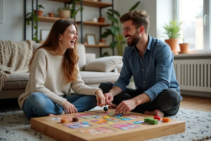Deux amis jouant à un jeu de société dans un salon moderne, idée d'activité loisirs conviviale à la maison