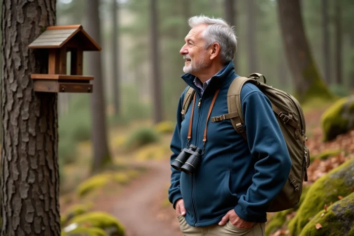 Homme observant des oiseaux en forêt lors d'une randonnée, activité de plein air pour profiter de son temps libre