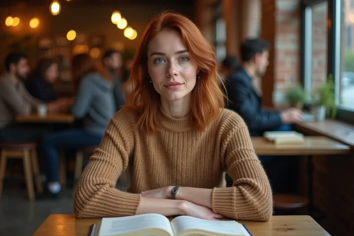 Femme actrice lisant un script dans un café bohème, atmosphère créative et décontractée