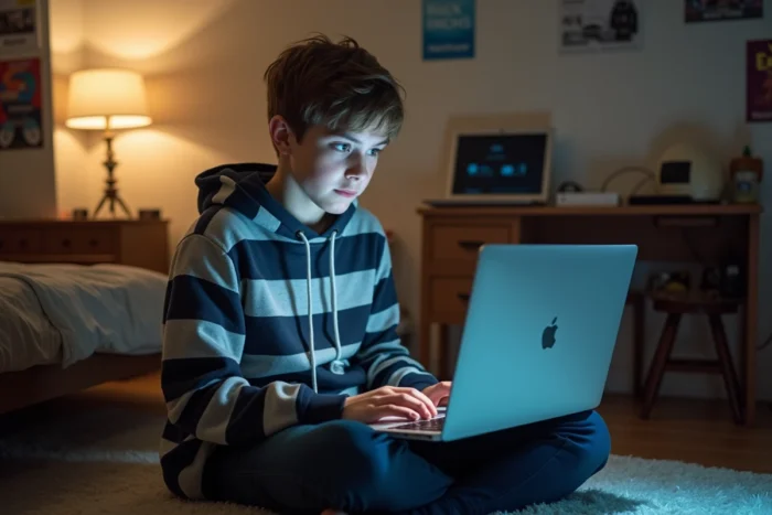 Adolescent apprenant l'informatique seul avec un ordinateur portable dans sa chambre