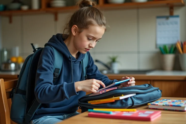 Adolescente qui prépare son cartable avec des fournitures scolaires achetées chez Leclerc pour la rentrée 2026