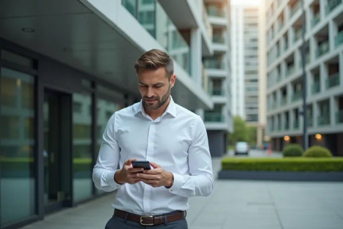Agent immobilier consultant une plateforme de gestion de projets immobiliers sur smartphone devant un immeuble moderne