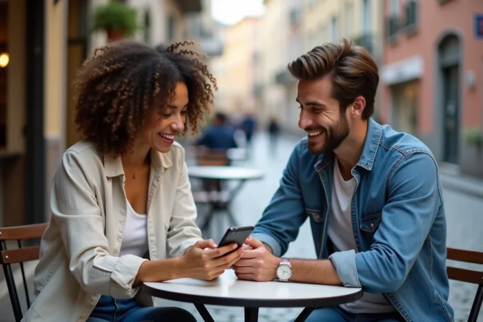 Deux amis partageant une application de communication sur smartphone à la terrasse d'un café en ville