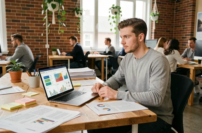 Entrepreneur analysant des données de campagne marketing sur ordinateur dans un espace de coworking