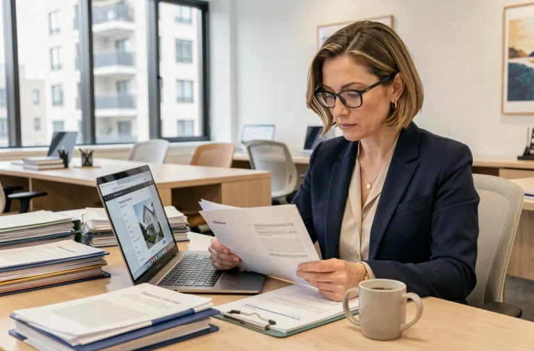 Femme professionnelle comparant des offres immobilières sur ordinateur portable avec des documents imprimés sur un bureau moderne