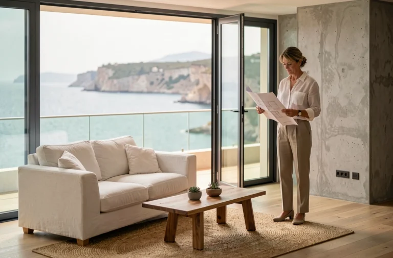 Appartement en bord de mer avec salon moderne et vue panoramique sur la Méditerranée depuis un balcon en teck