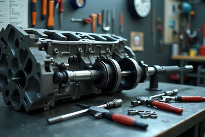 Arbre à cames de voiture démontré sur un établi de mécanique automobile avec outils de précision