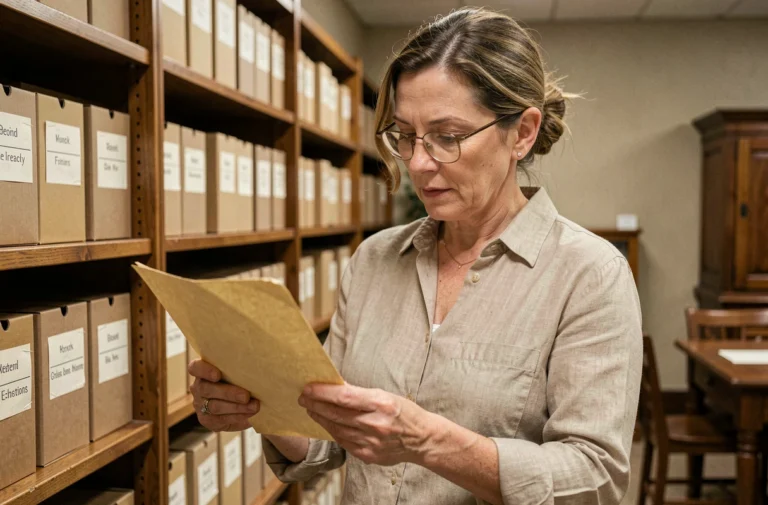 Archiviste femme manipulant avec soin un document ancien dans une salle d'archives professionnelle