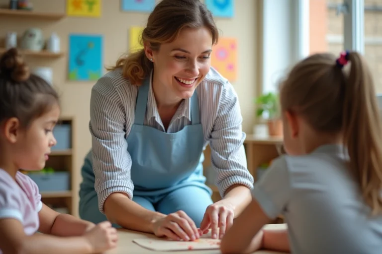 ATSEM en tablier bleu accompagnant des élèves en maternelle dans une salle de classe française