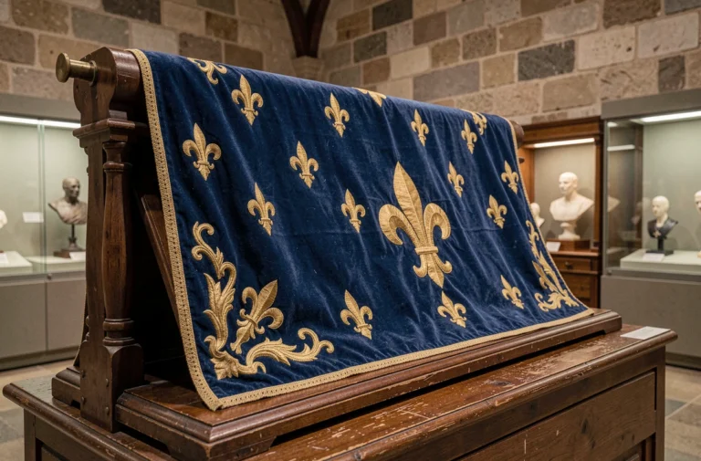Bannière royale française ornée de fleurs de lys dorées sur velours bleu exposée dans un musée historique