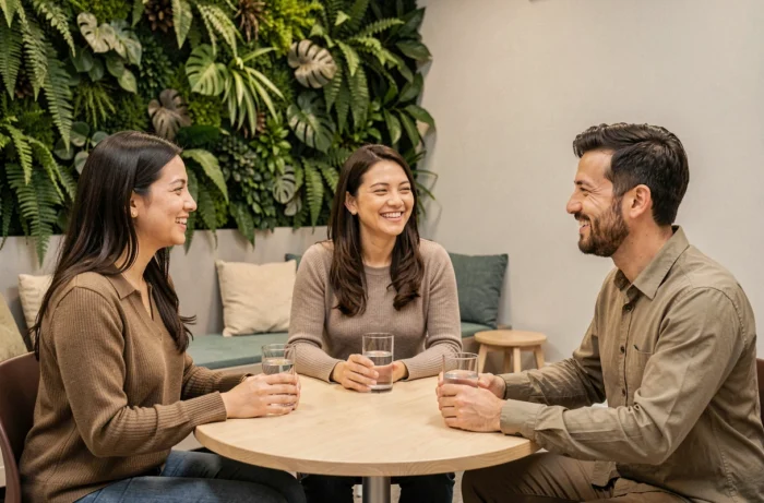 Groupe de collègues dans une salle de bien-être en entreprise discutant de santé et d'hydratation au travail