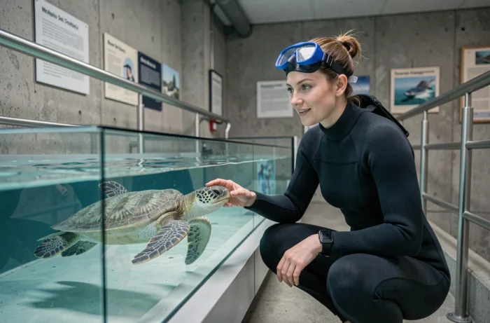 Une biologiste marine en combinaison de plongée observant une tortue de mer dans un grand aquarium d'un centre de recherche côtier