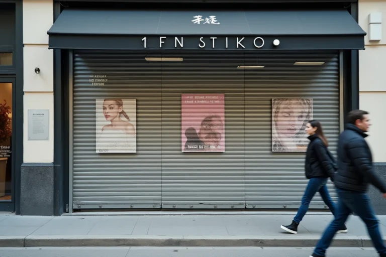 Boutique Christine Laure fermée dans un centre commercial avec rideau métallique baissé et affichage décoloré