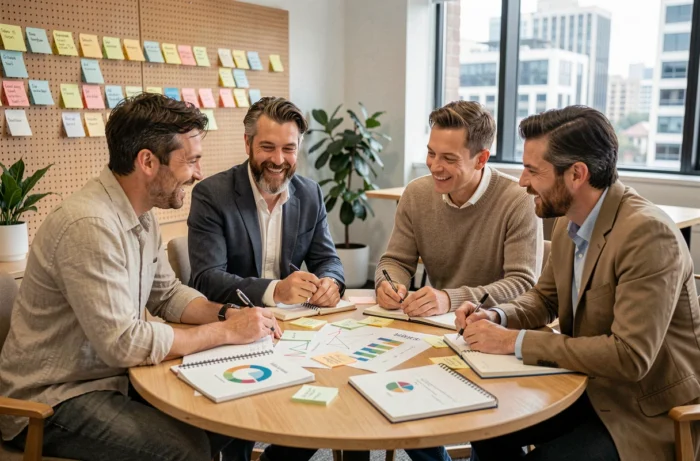 Équipe professionnelle en séance de brainstorming autour d'une stratégie marketing dans un bureau moderne