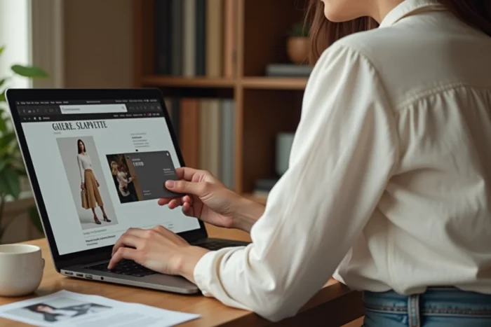 Femme utilisant une carte cadeau Galeries Lafayette pour un achat en ligne depuis son domicile
