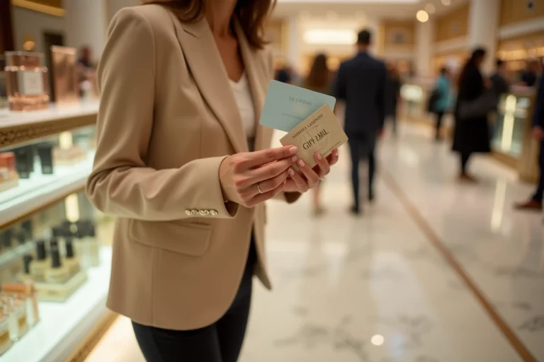 Femme tenant une carte cadeau Galeries Lafayette au rayon parfumerie d'un grand magasin luxueux