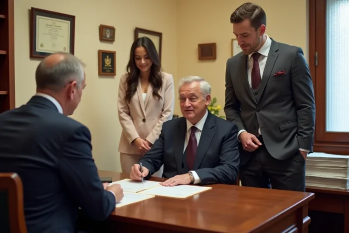 Cérémonie civile de mariage à Gibraltar dans un bureau de l'état civil avec un officier, les mariés et deux témoins signant les documents officiels