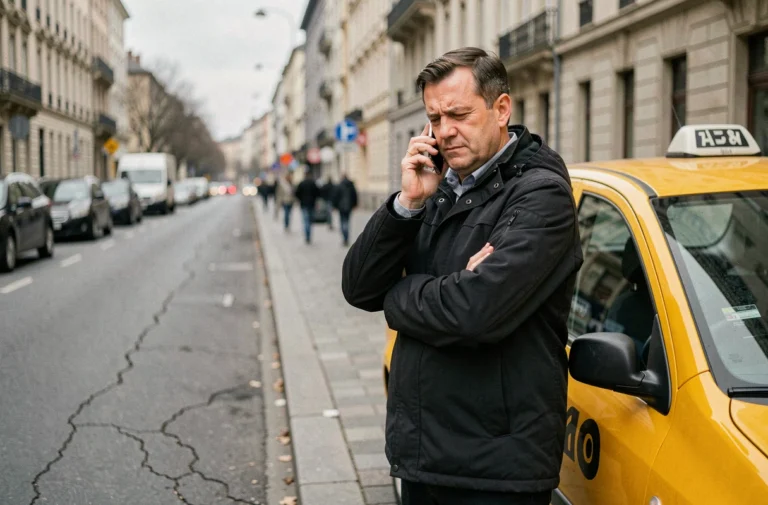 Chauffeur de taxi en panne au bord de la route urbaine, téléphone en main, voiture immobilisée en arrière-plan