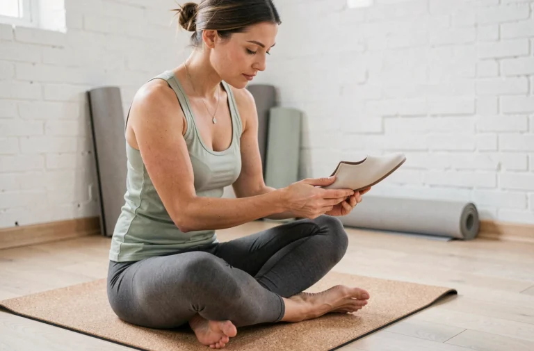 Femme pratiquant le yoga examinant attentivement une chaussure de yoga minimaliste assise sur un tapis en liège dans un studio moderne