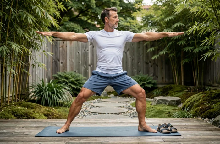 Homme en posture guerrier II sur une terrasse en bois entourée d'un jardin japonais avec des chaussures de yoga flexibles posées à côté du tapis