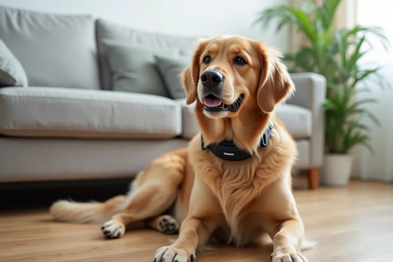 Chien golden retriever portant un collier anti-aboiement noir assis calmement dans un salon moderne