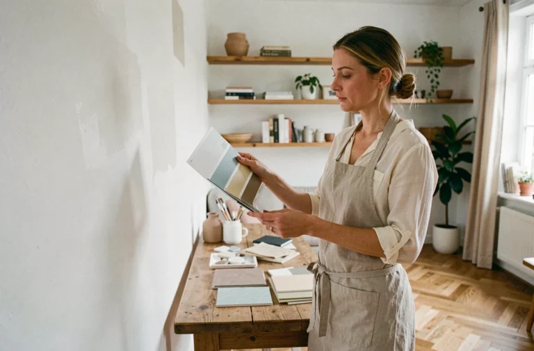 Femme comparant des échantillons de peinture dans un salon de style scandinave pour choisir la décoration intérieure