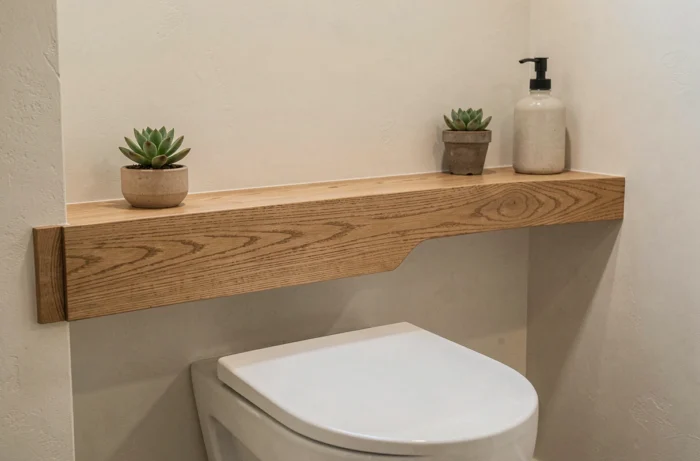 Coffrage en bois brut autour de toilettes suspendues avec tablette intégrée en chêne naturel