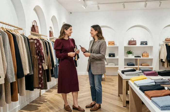 Deux femmes découvrant des collections mode tendances dans une boutique contemporaine lumineuse, robes en maille et blazer à carreaux saison