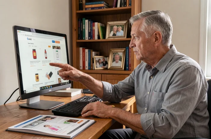 Homme retraité passant une commande sur le site Damart depuis un bureau à domicile avec un catalogue papier