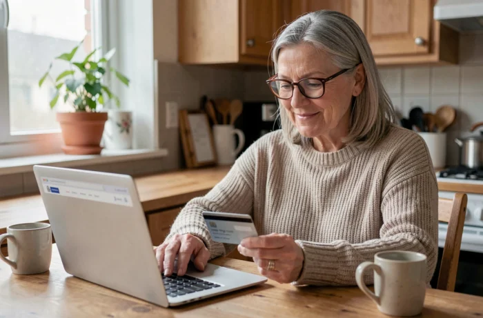 Femme senior naviguant sur un site de vente en ligne de vêtements Damart depuis un ordinateur portable à la maison
