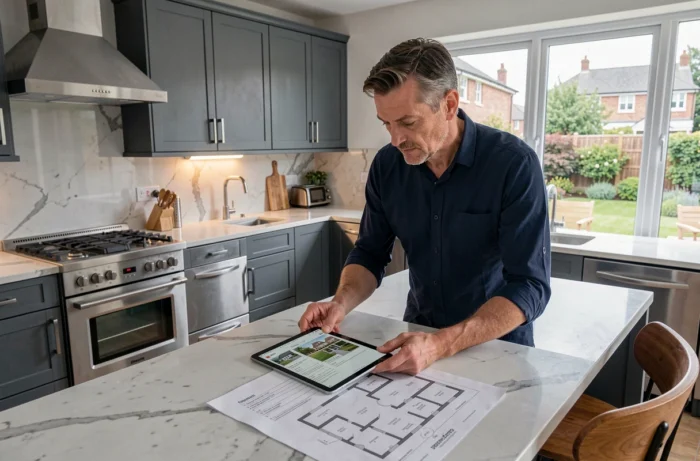 Homme comparant des annonces immobilières sur tablette et plans papier dans une cuisine contemporaine