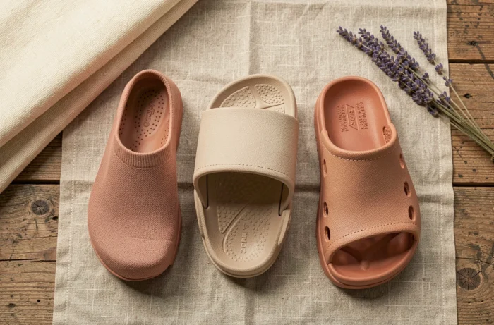 Vue en flat-lay de trois types de chaussures de yoga différentes arrangées sur une surface en lin naturel avec une couverture de yoga et de la lavande séchée