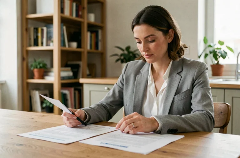 Femme comparant des documents d'assurance auto sur une table en bois dans un appartement moderne
