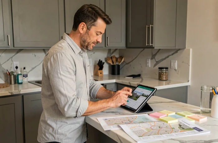 Homme consultant un comparateur d'offres immobilières sur tablette dans une cuisine moderne avec des notes et cartes de quartier