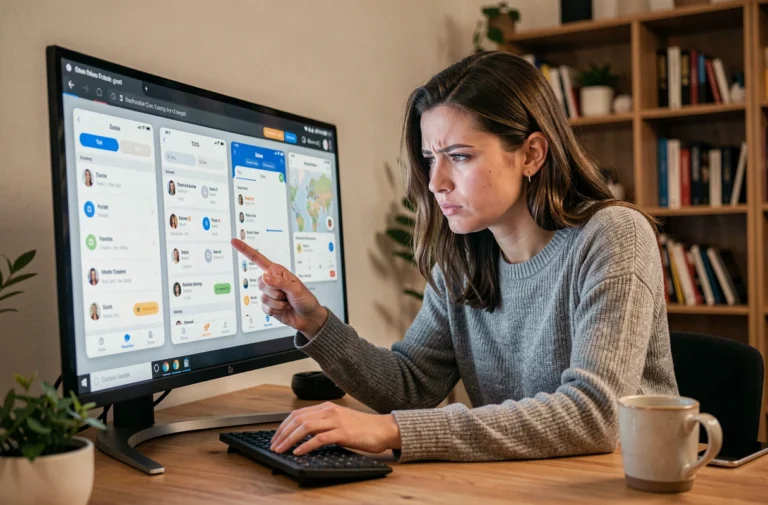 Femme comparant les itinéraires ViaMichelin, Google Maps et Waze sur un écran d'ordinateur dans un bureau à domicile