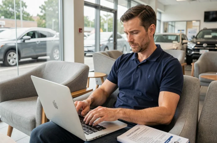 Homme consultant un comparateur d'assurance auto sur ordinateur portable dans une concession automobile