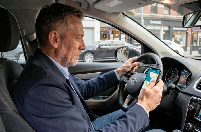 Homme au volant comparant des applications GPS ViaMichelin et Google Maps sur son smartphone dans une voiture en ville