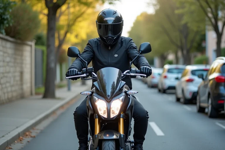 Conducteur en équipement moto complet sur une 125cc dans une rue résidentielle française, illustrant les règles du permis B pour conduire une moto 125cc