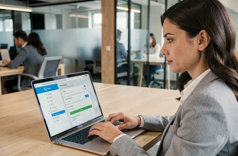 Femme professionnelle connectée à une plateforme RH sur son ordinateur portable dans un bureau moderne