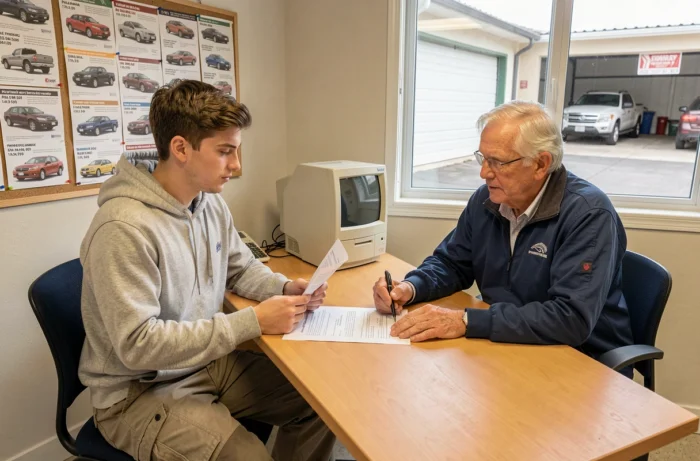 Un jeune homme consulte un conseiller bénévole pour acheter une voiture à petit prix dans un garage solidaire