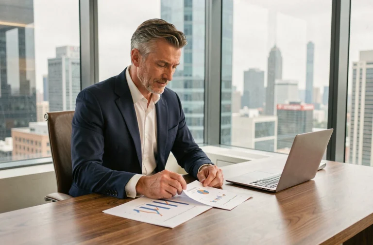 Conseiller en banque privée BNP Paribas analysant des documents financiers dans un bureau moderne avec vue sur la ville