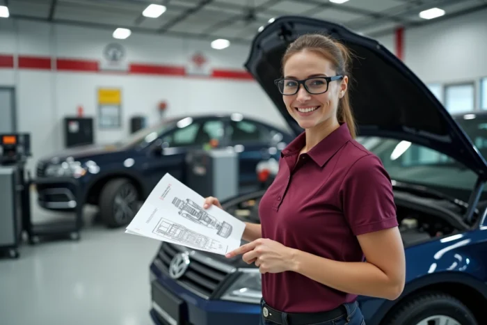 Conseillère technique automobile expliquant le fonctionnement du camtar dans un centre de service