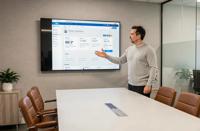 Consultant en communication digitale présentant une stratégie de visibilité en ligne à des clients en salle de réunion