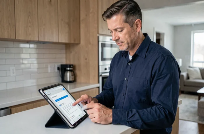 Homme consultant son espace locataire en ligne sur une tablette dans une cuisine moderne