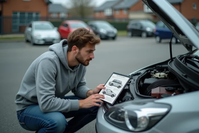 Jeune homme consultant un schéma technique automobile en PDF sur tablette pour réparer sa voiture