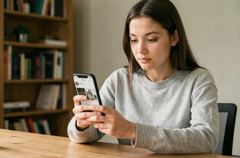 Jeune femme consultant ses invitations Instagram sur smartphone dans un bureau à domicile