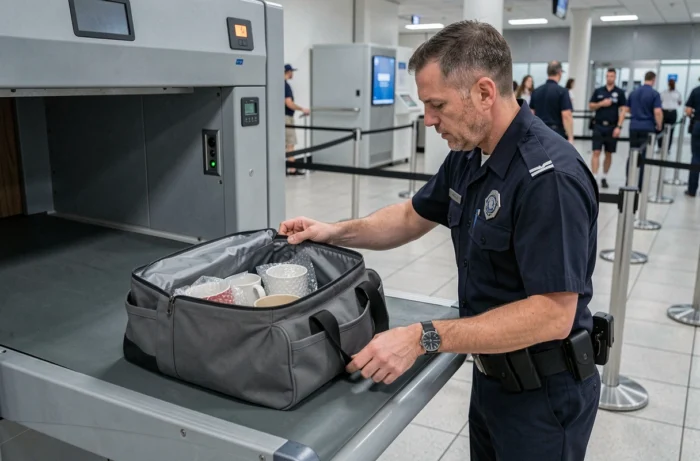 Contrôle de sécurité aéroportuaire d'un bagage cabine contenant de la vaisselle emballée